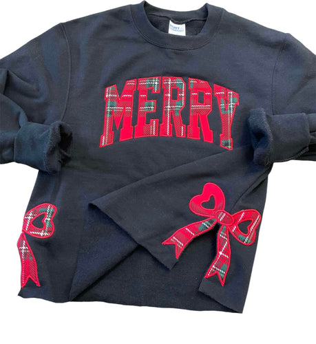 Plaid Christmas Sweatshirt Side Bow Merry Cut-Out Coquette Bow Pullover Merry Christmas