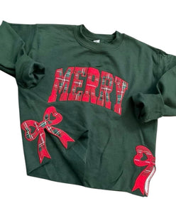 Plaid Christmas Sweatshirt Side Bow Merry Cut-Out Coquette Bow Pullover Merry Christmas
