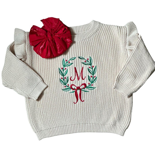 Youth Holiday Embroidered Sweater – Monogramed Wreath Design