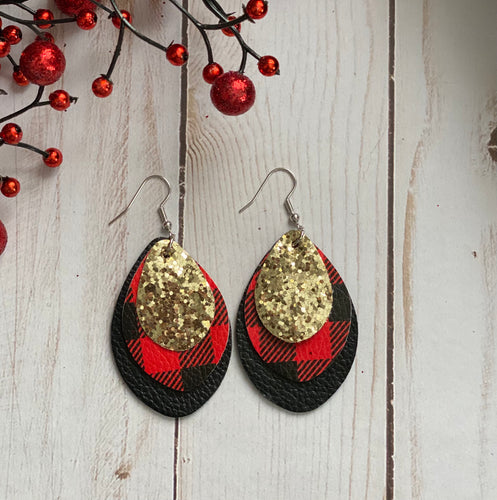 Red Buffalo Plaid Gold Shimmer Tear Drop Earrings